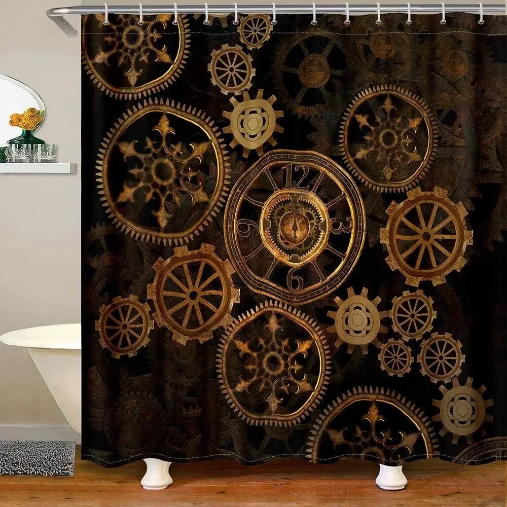 Retro Steampunk Clocks and Gears Shower Curtain Mechanical Clocks Details Over Old Metal Cloth