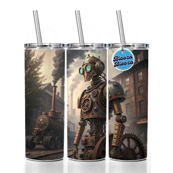 Retro Steampunk Factory Robot Android 20oz Insulated Water Bottle Skinny Tumbler Includes Straw