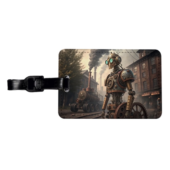 Retro Steampunk Factory Robot Android Faux Leather Travel Luggage Tag