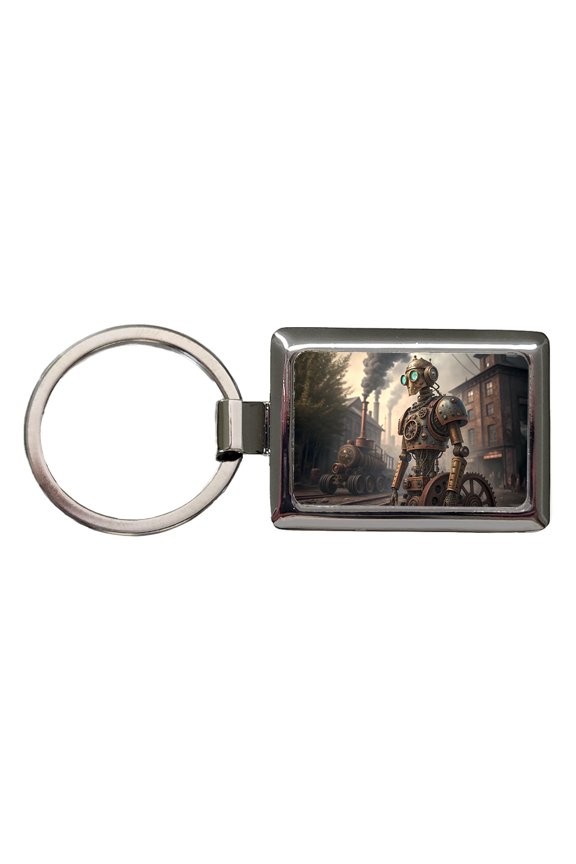 Retro Steampunk Factory Robot Android Metal Rectangle Keychain