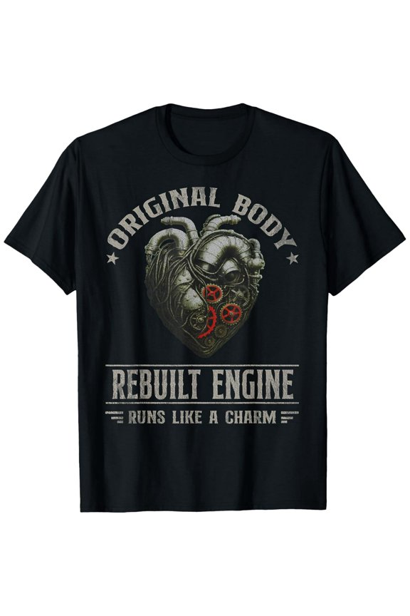 Retro Steampunk Mechanical Heart Graphic T-Shirt - Funny Surgery Recovery Gift - Vintage Anatomical Heart Rebuilt Engine Design for Men and Women