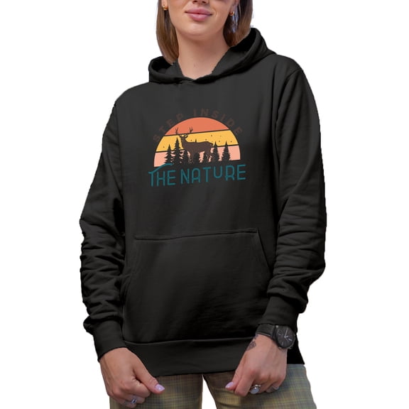 Retro Step Inside the Nature with a Buck Deer Art, Black Hooded Sweatshirt or Hoodie, XL