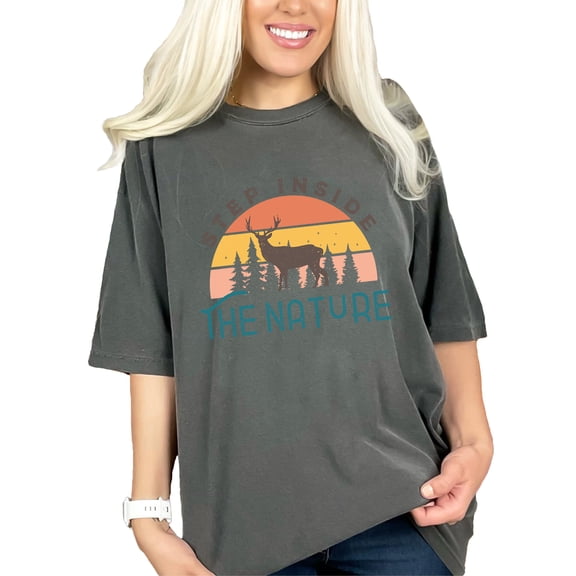 Retro Step Inside the Nature with a Buck Deer Art, Pepper Comfort Colors T-Shirt, XL