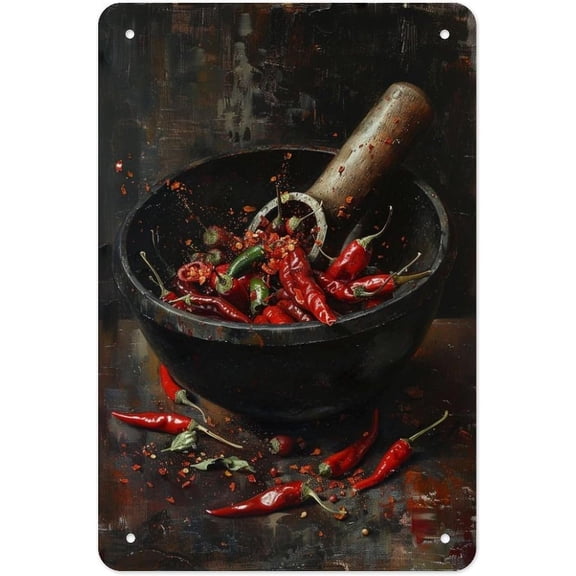 Retro Still Life Chili Peppers Metal Tin Sign Wall Decor, 8 x 12 Inch, Vintage Kitchen Coffee Bar Living Room Bedroom Hanging Plaque