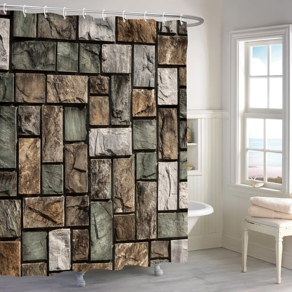 Retro Stone Brick Wall Shower Curtain Rustic Marble Geometric Rock Farmhouse Fabric Shower Curtains for Bathroom Decor Bathtub Curtain Polyester Waterproof with Hooks-36"W x 72"L (Pack of 1)
