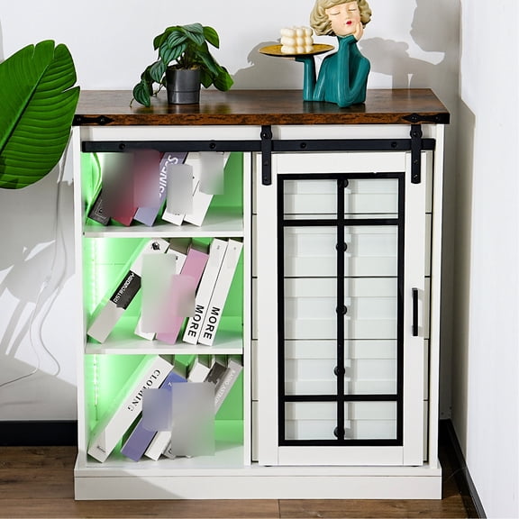Retro Storage Cabinet with Barn - style Doors and Lights / Organize Essentials in Primary Living Space