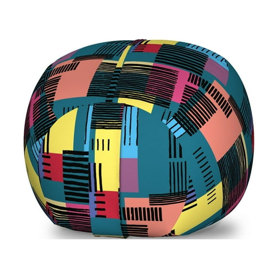 Retro Storage Toy Bag Chair, Hand Drawn Vintage Composition of Geometric Shapes Squares Rectangles and Stripes, Stuffed Animal Organizer Washable Bag, Small Size, Multicolor, by Ambesonne