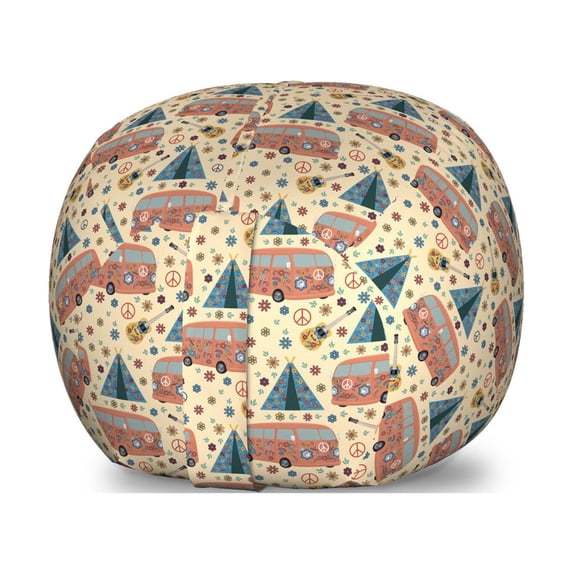 Retro Storage Toy Bag Chair, Hippie Van Guitar and Tent Motifs Along Flowers Pattern Freedom Theme, Stuffed Animal Organizer Washable Bag, Small Size, Dark Salmon and Slate Blue, by Ambesonne