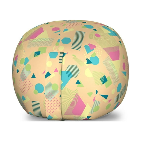 Retro Storage Toy Bag Chair, Memphis Style Abstract Geometric Composition with Triangles Squares and Wavy Lines, Stuffed Animal Organizer Washable Bag, Large Size, Multicolor, by Ambesonne