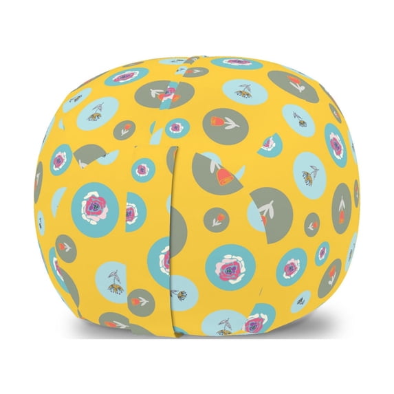 Retro Storage Toy Bag Chair, Polka Dot Style Circular Framed Abstract Colorful Spring Flower Twigs Pattern, Stuffed Animal Organizer Washable Bag, Large Size, Mustard Multicolor, by Ambesonne