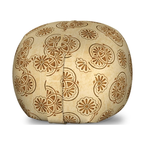 Retro Storage Toy Bag Chair, Worn out Looking Retro Print with Interlacing Circles and Flower Petals, Stuffed Animal Organizer Washable Bag, Large Size, Tan and Caramel, by Ambesonne