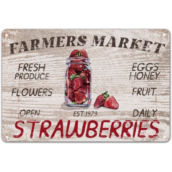 Retro Strawberries Metal Wall Art Plaque Summer Fruit Farmhouse Decor Sign 8x12 in