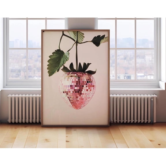 Retro Strawberry Disco Ball Print, Kitchen Print, Bar Cart Poster, Funky Food Home Decor, Preppy Fruit Wall Art, DIY Decor, Her, Size 16x24 UNFFRAMED F03.1.8l2464