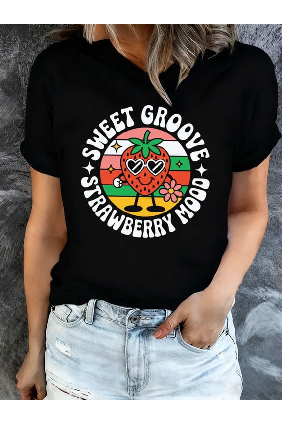 Retro Strawberry Mood Graphic Tee Women's Vintage 70s Style Sweet Groove Fruit T-Shirt Short Sleeve Casual Summer Top Heart Sunglasses Design