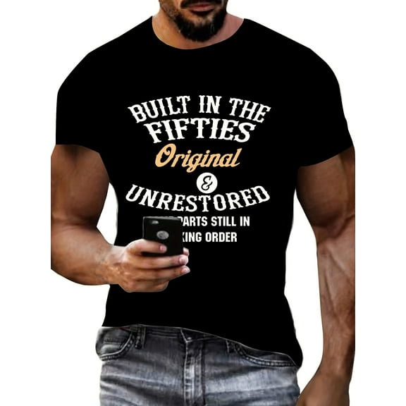 Retro Street Style Letter Digital Print Men's Short Sleeve Crew Neck T-shirt, Summer Outdoor