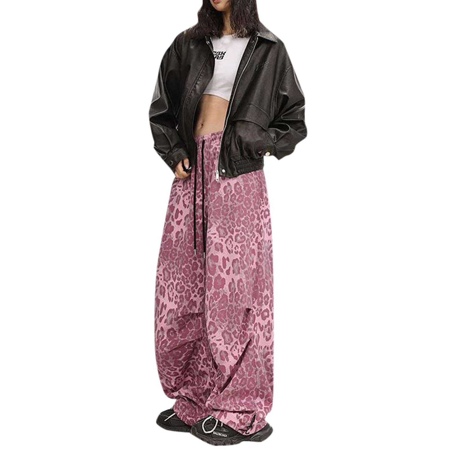 Retro Streetwear Women's Leopard Print Parachute Pants Wide Leg Casual Workwear Cargo Pants ...