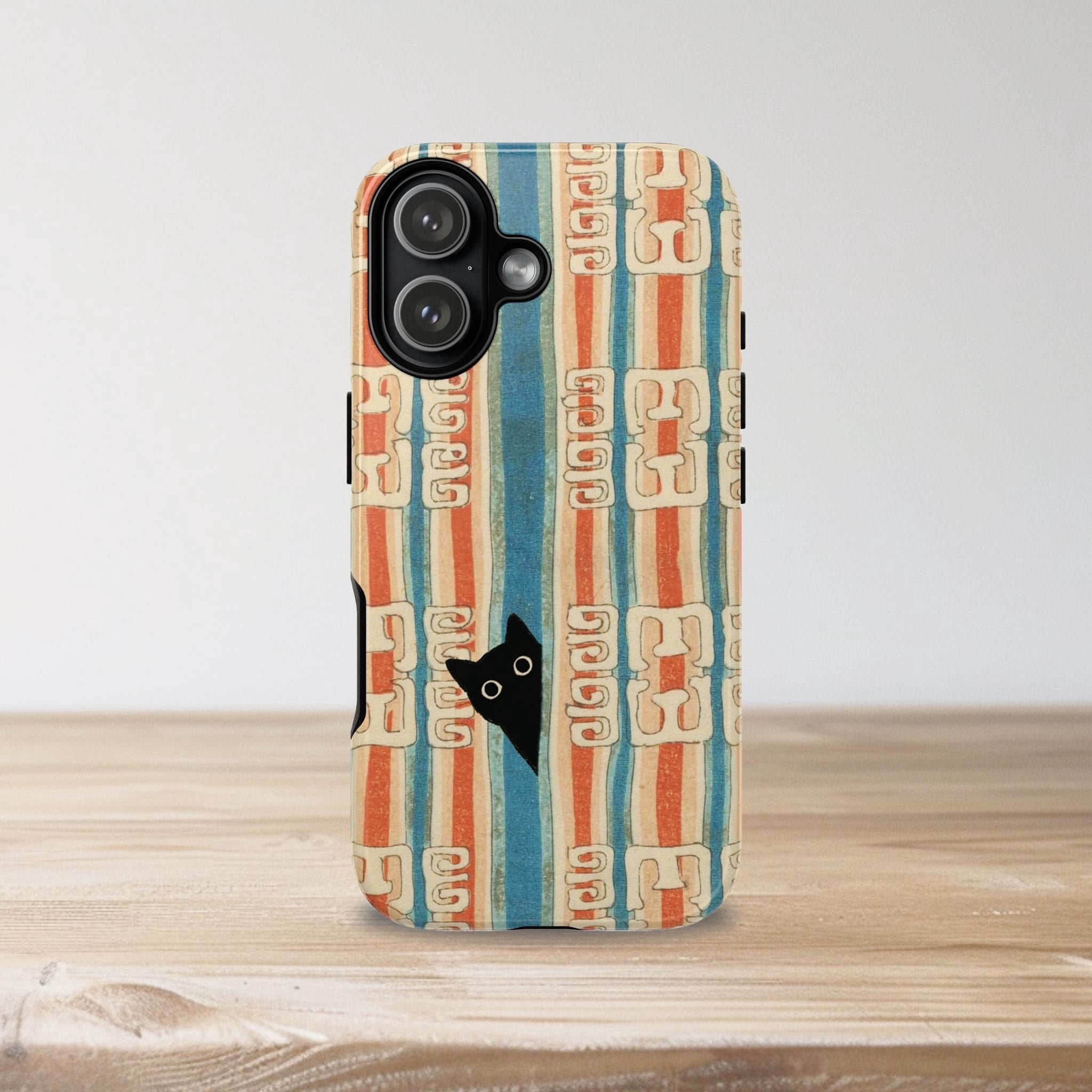 Retro Stripe Black Cat Tough Case for Apple iPhone, Dual-Layer