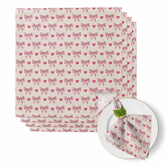Retro Stripe Bows Cloth Napkins Set of 4 Pink Bow Heart Linen Texture Soft Washable Square Dinner Napkins for Party Wedding Restaurant Hotel Cocktail 20x20 Inch
