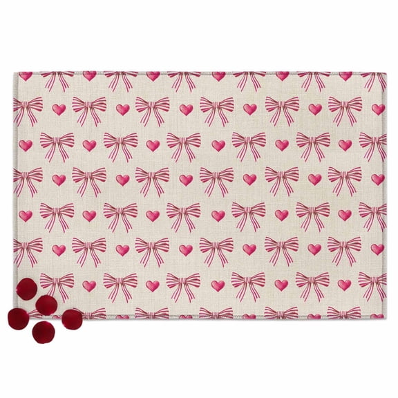 Retro Stripe Bows Door Mat Pink Bow Heart Linen Texture Non Slip Absorbent Entrance Mat Washable Low Profile Indoor Doormat for Front Door Entryway Entry 16"x24"