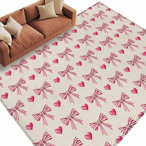 Retro Stripe Bows Washable Area Rug 6 x 9 ft Pink Bow Heart Linen Texture, Soft Non Slip Rugs Stain Repellent Indoor Felt Carpet for Living Dining Room Bedroom Home Office