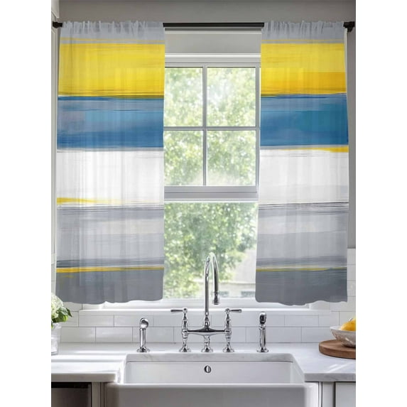 Retro Stripe Sheer Curtains 72 Inches Long 2 Panels Yellow Blue Grey Gradient Light Filtering Semi Sheer Window Curtains Drapes for Bedroom Living Room 52"x72"