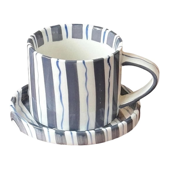 Retro Striped Ceramic Coffee Mug With Hole Lid Heat Resistant For Latte Tea Or Juice Home Kitchen Dining (Light Blue)