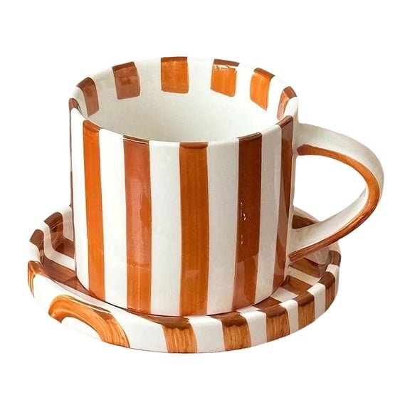 Retro Striped Ceramic Coffee Mug With Hole Lid Heat Resistant For Latte Tea Or Juice Home Kitchen Dining (Orange)