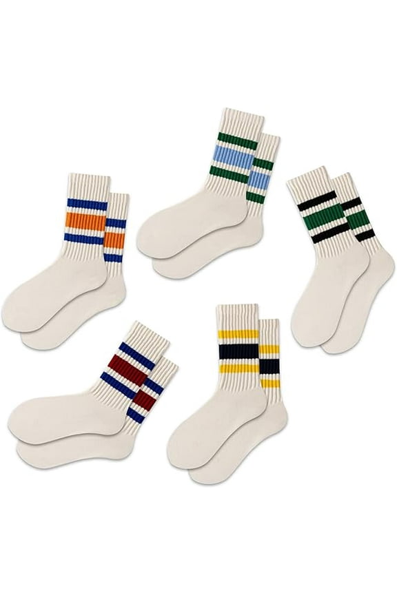 Retro Striped Crew Socks 5 Pairs , Seamless Toe Comfort for Men & Women - Slouch Scrunch Casual Socks, Soft Breathable Cotton Blend, Fashion Ankle Socks for Daily Wear, Sports, Unisex