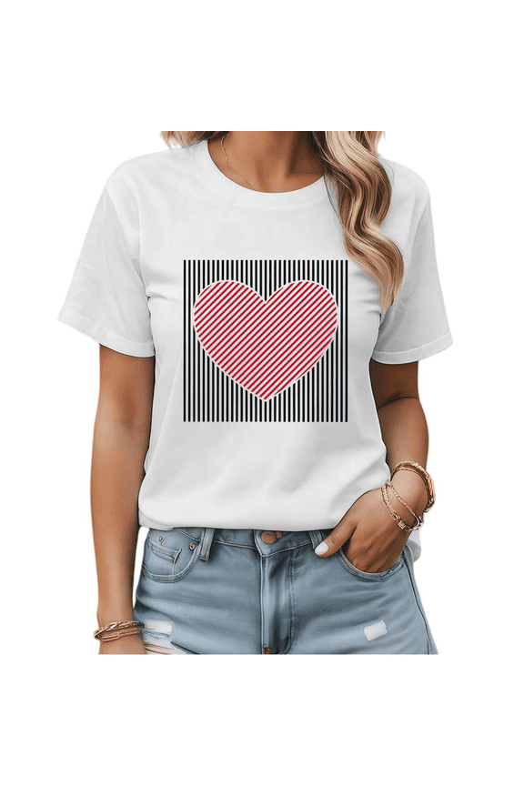 Retro Striped Heart Graphic Tees Womans T shirt Black/White S-5XL Shirts Trendy Love Tops