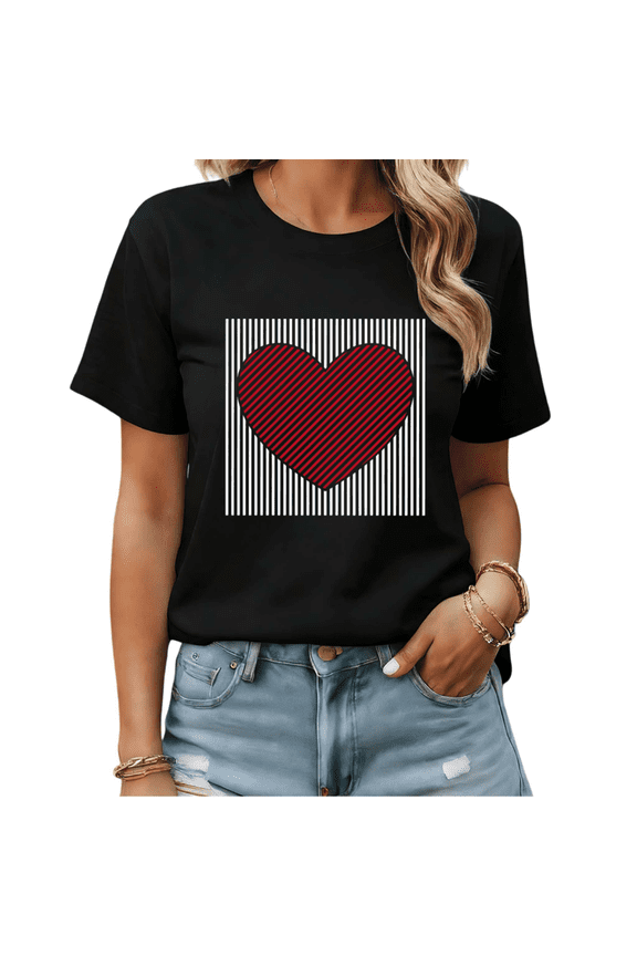 Retro Striped Heart Graphic Tees Womans T shirt Black/White S-5XL Shirts Trendy Love Tops