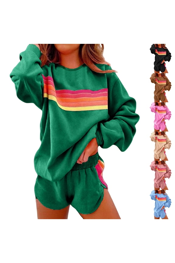 Retro Striped Lounge Set for Women, Long Sleeve Crewneck Sweatshirt & Elastic Waist Shorts - Fall Casual Two Piece Outfit Pink S