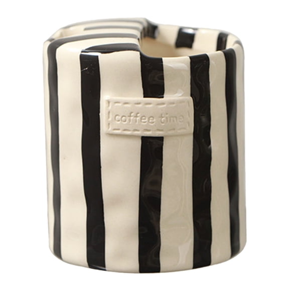 Retro Striped Nonslip Handheld Ceramic Coffee Mug With Top Half Sip Lid For Home Kitchen Daily Use Heat Resistant Artistic Holiday Drinkware (S)