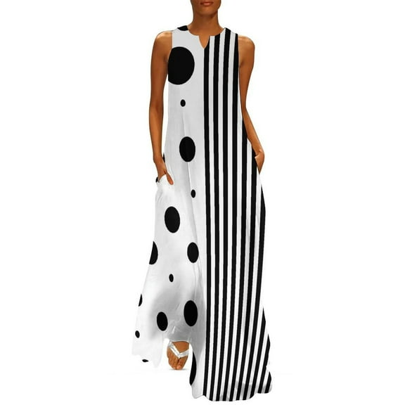 Retro Striped Polka Dot Dress Black And White Vintage Maxi Dress Aesthetic Bohemia Long Dresses Spring Sleeveless Design Vestido