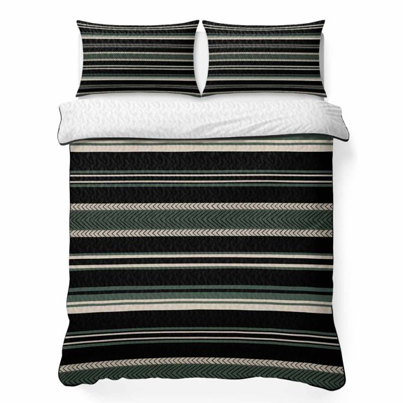 Retro Stripes 3 Piece Quilt Bedding Set with 2 Pillow Shams, Beige Black Army Green Striped Vintage Lightweight Bedspread Coverlet, Soft Breathable All Season Quilt, 68 x 86 Inch