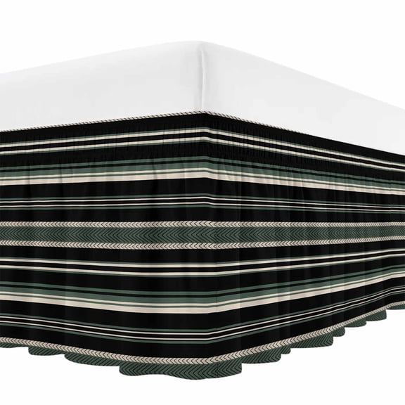Retro Stripes Bed Skirt California King Size 18 Inch Drop, Beige Black Army Green Striped Vintage Wrap Around Dust Ruffle Bedskirt with Adjustable Elastic Belt for California King Size Beds
