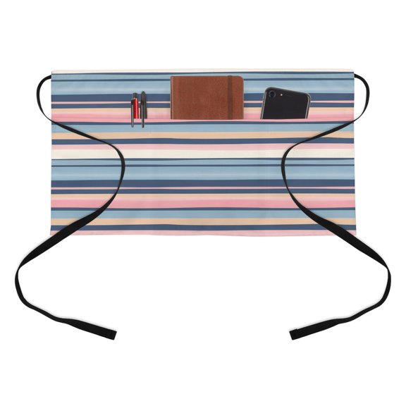 Retro Stripes Half Waist Apron Navy Blue Pink Stripe Watercolor Lines Short Waiter Aprons with 3 Pockets for Women Men Kitchen Restaurant Cooking