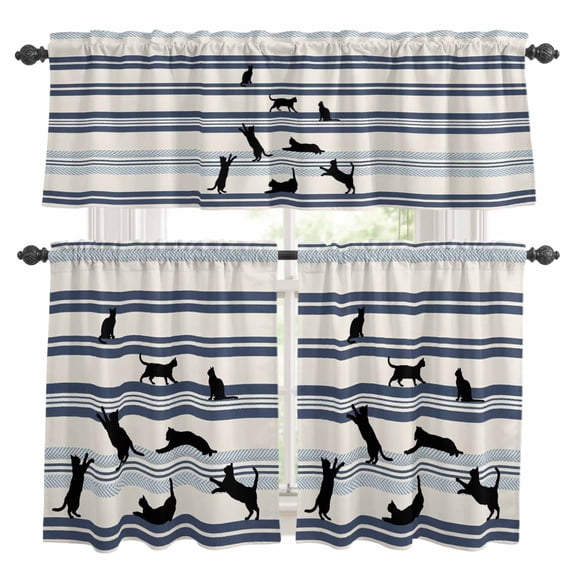 Retro Stripes Kitchen Curtains Valances and Tiers Set of 3 Black Cat Navy Lines Vintage Watercolor Tier Curtains and Valance with Rod Pocket for Small Windows, 27.5"x36"