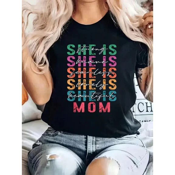 Retro She Is Strong Brave Fearless Lovely Beautiful Mom T-Shirt Vintage Inspirational Motherhood Graphic Tee Aesthetic Empowerment Apparel Gift for Her