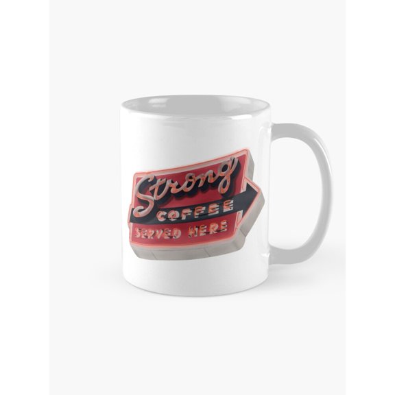 Retro Strong Coffee Served Here Arrow Sign Mug, 11oz Ceramic, Microwave and Dishwasher Safe
