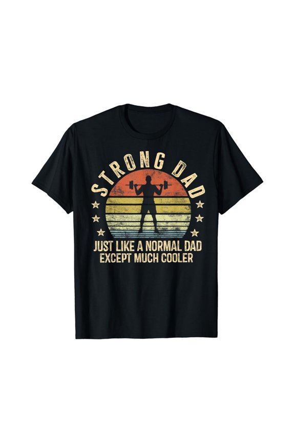 Retro Strong Dad Weightlifting T-Shirt Funny Father's Day Gym Workout Graphic Tee for Men Vintage Sunset Style