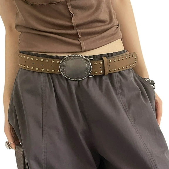 Retro Studded Women's Fashion Belt Decorative Carved Buckle Adjustable Cowgirl Punk Styles PU Leather Accessory