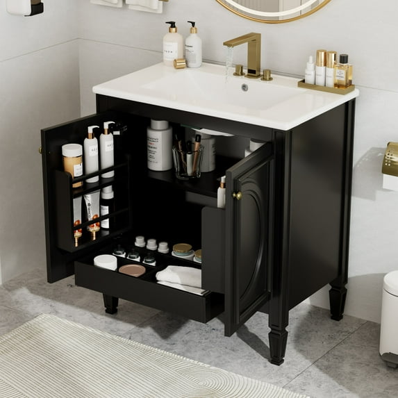 Retro Style 30" Freestanding Bathroom Vanity with Ceramic Sink, Solid Wood Frame, 2-Door Storage Cabinet, Black