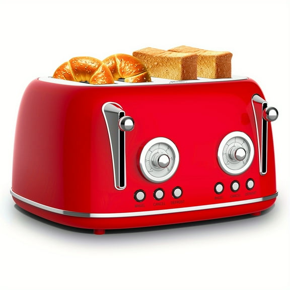 Retro Style 4-Slice Toaster, Commercial Toaster Ovens, Stainless Steel Housing Dual Control, 6 Browning Settings, Bagel/ Defrost Functions, Removable Crumb Tray & Warming Rack, 1650W, Red, 120V US
