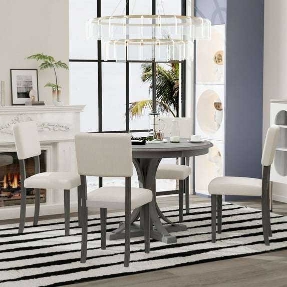 Retro Style 5 Piece Dining Set Kitchen Table Set with Curved Trestle Style Table Legs and 4 Upholstered Chairs, Table Set for 4 Persons Dining Room Table Set for Small Place