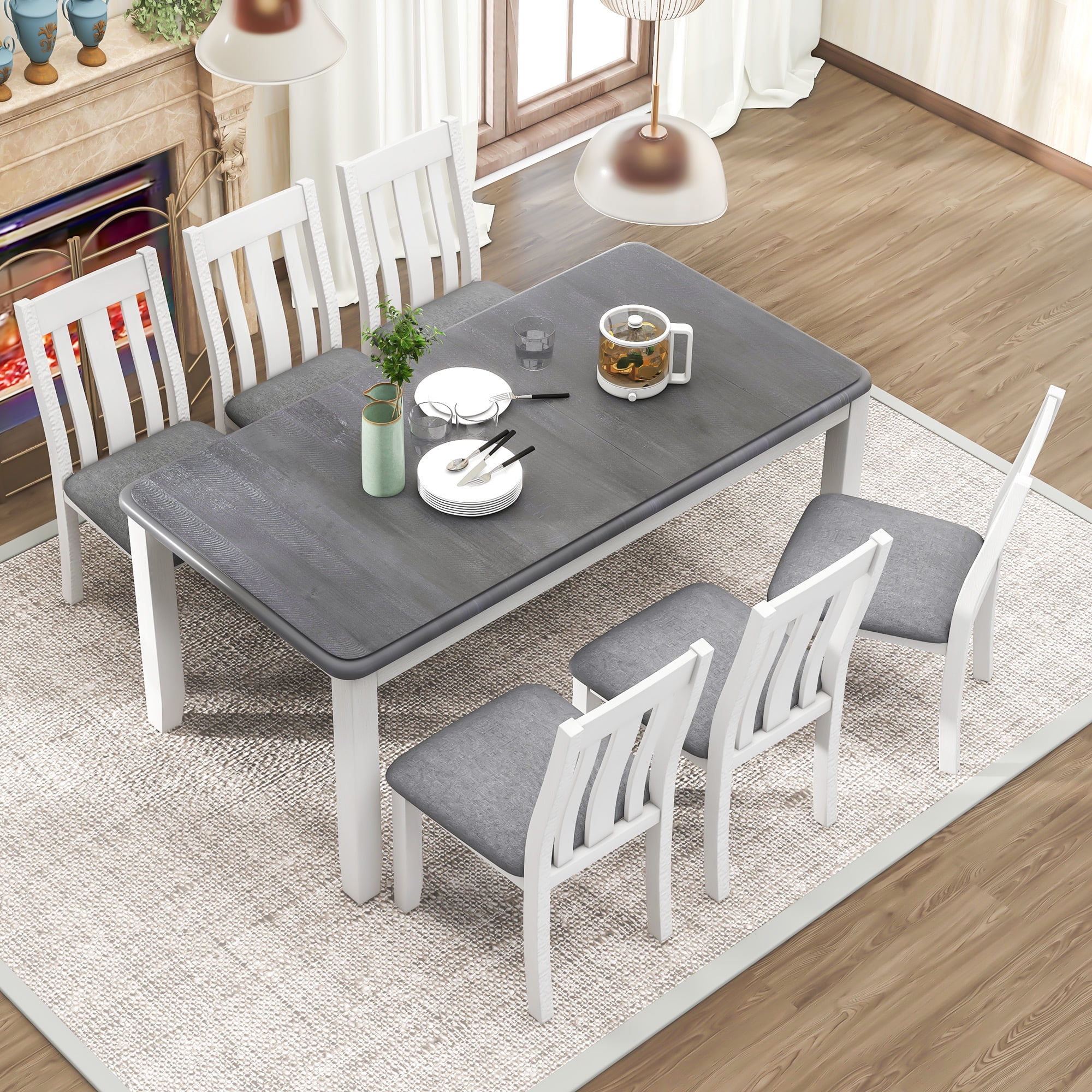 Retro 7-Piece Wood Dining Set, Rectangular Indoor Extendable Table with Cushioned Chairs for 6 ...