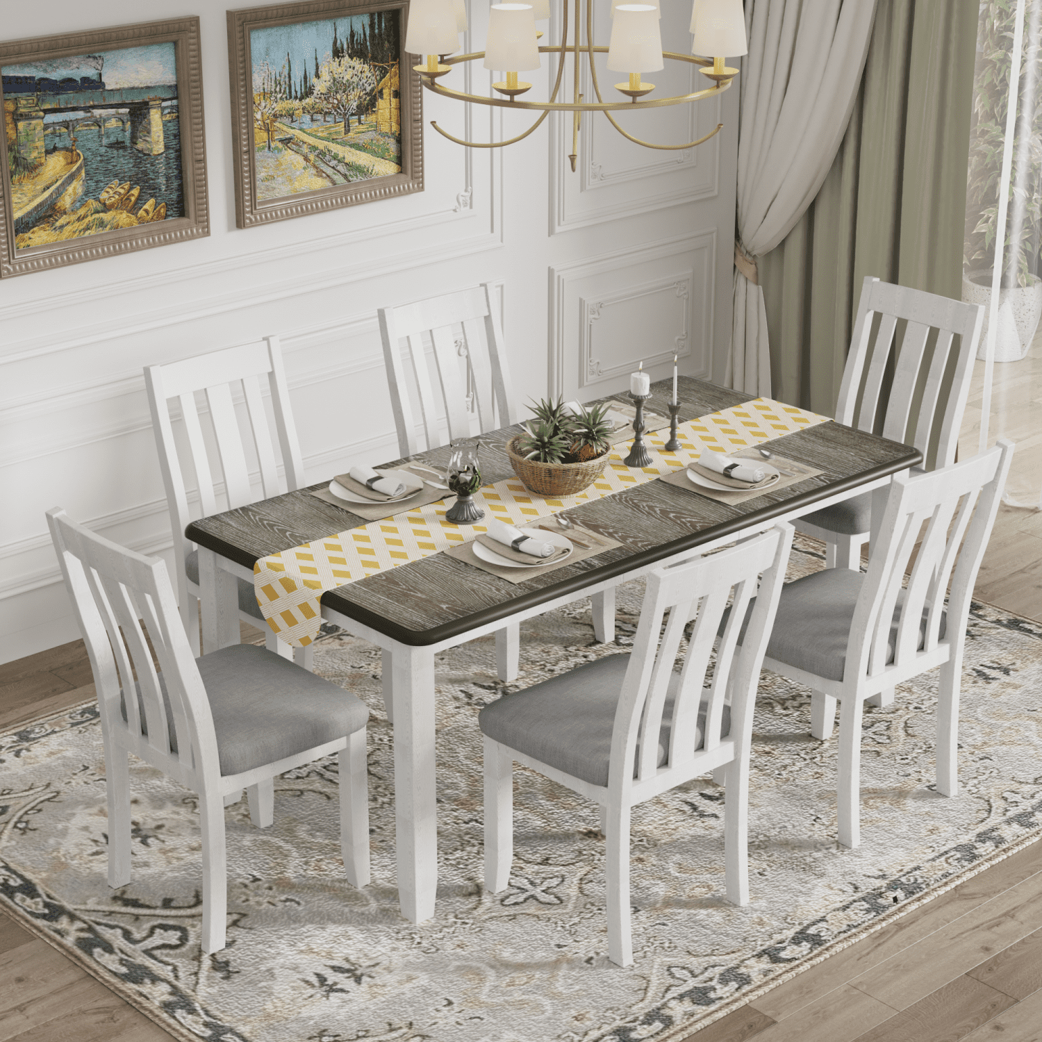 ダイニングテーブル Dining Table set antique storage chair Retro Style 7-Piece Dining Table Set with Extendable Table and 6