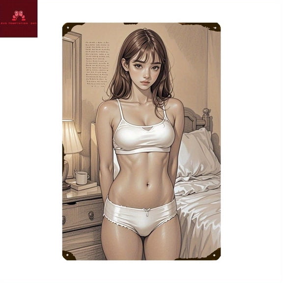 Retro Style Aluminum Sign Elegant Female Art in White Lingerie with Bedroom Scene Wall Decor for Home Living Room Bar Cafe Restaurant Garage Unique Tin Wall Art Signs Size: 12 x 8 inch