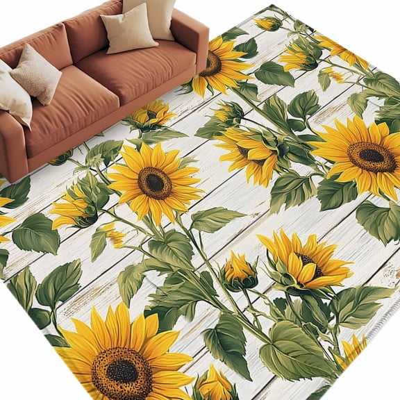 Retro Style Area&nbsp;Rug 6x9ft Sunflower Gray Wood Grain Farmhouse Botanical Non-Slip&nbsp;Washable Square&nbsp;Rugs Soft Felt Indoor Floor Mat for Bedroom Kitchen Living Room Bathroom