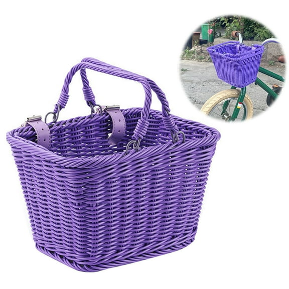 Retro Style Bike Front Basket with Adjustable Leather Straps - Waterproof PE Square Bicycle Basket for Kids, Adults & Electric Bikes, Easy Install Handlebar Storage (Purple)