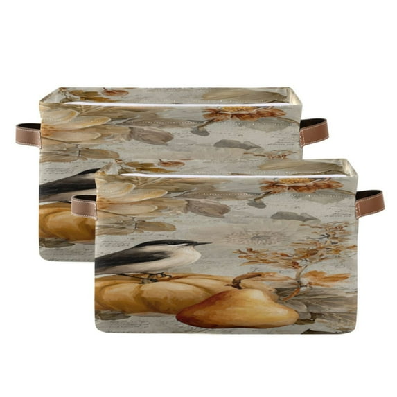 Retro Style Birds and Pumpkins Flowers Square Storage Bins with Handles Collapsible Containing Box 2 Packs